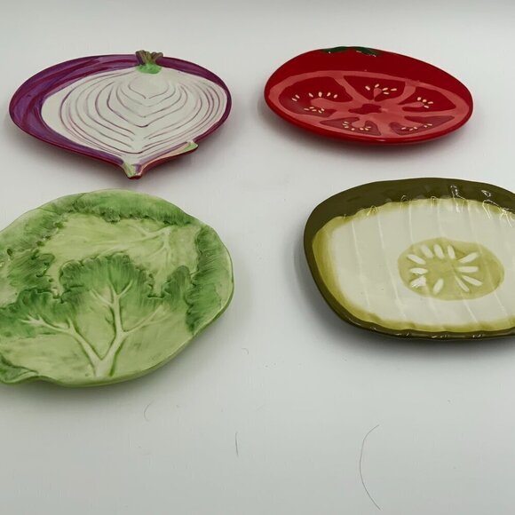 BBQ Veggies Plate Set Pickle Red Onion Lettuce Tomato Porcelain Boston 7” Decor - Picture 3 of 6